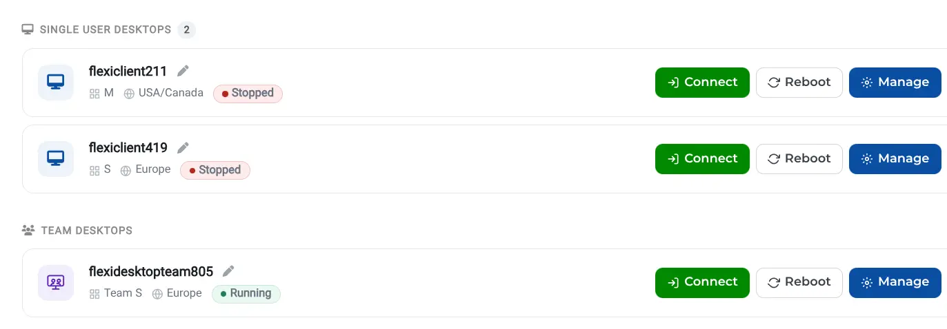 Manage button for a flexidesktop Team desktop
