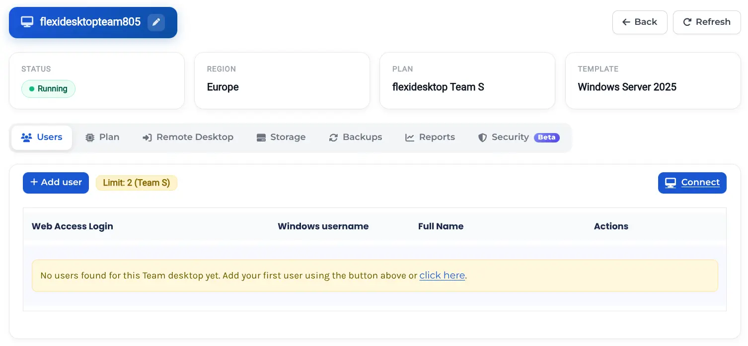 Users tab with Add user button