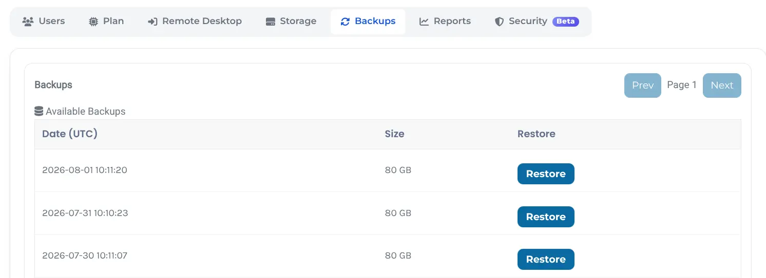 flexidesktop Backups tab