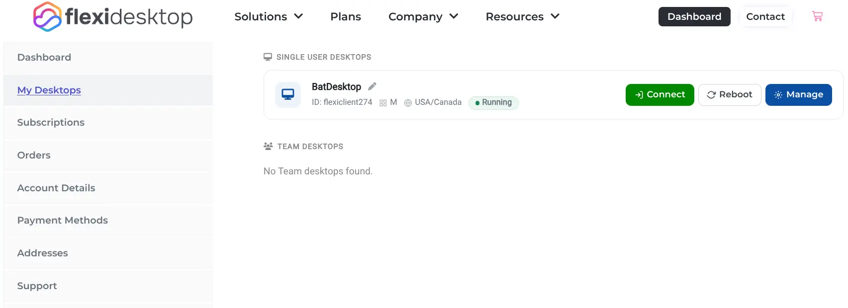 flexidesktop Dashboard overview with virtual desktops list