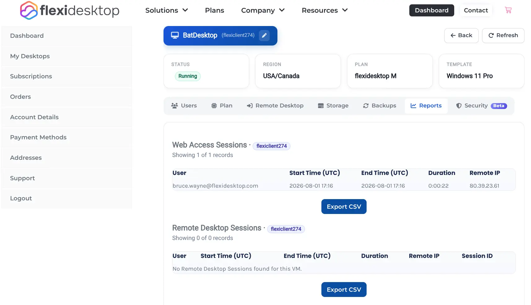 flexidesktop Reports tab with connection history