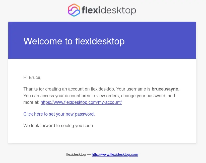 flexidesktop welcome email with password setup link