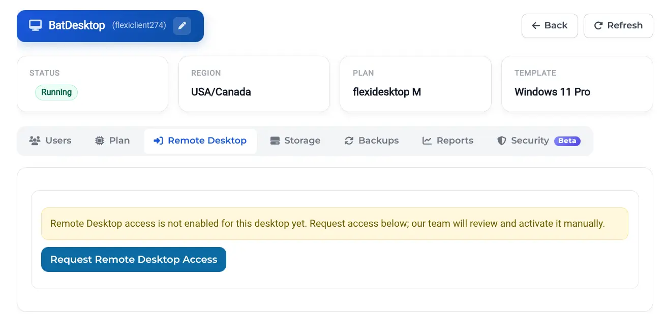 Requesting Remote Desktop access from Manage in the flexidesktop Dashboard