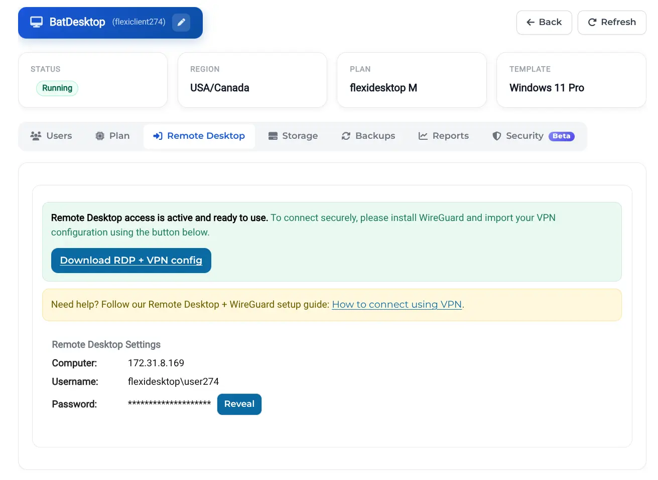Remote Desktop access approved in the Dashboard